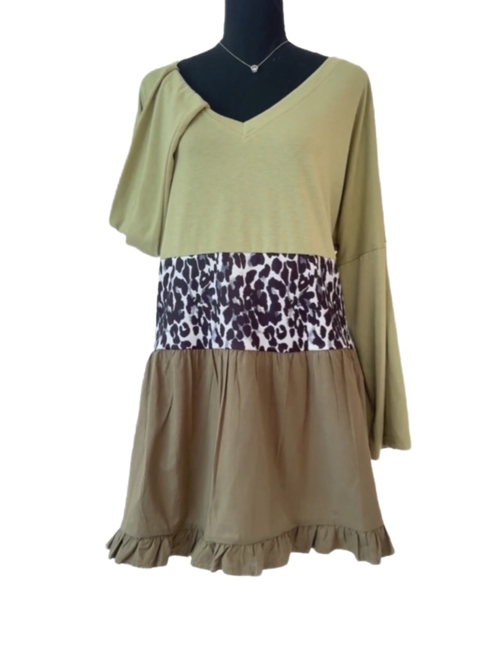 MISSLOOK ~ Olive V-Neck Tiered Tunic Dress with Leopard Waistband Long Sleeves - Picture 9 of 10